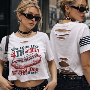 Distressed Y2K Cropped Tee Slashed Back Graphic 4th‎ of July Indie Top Large